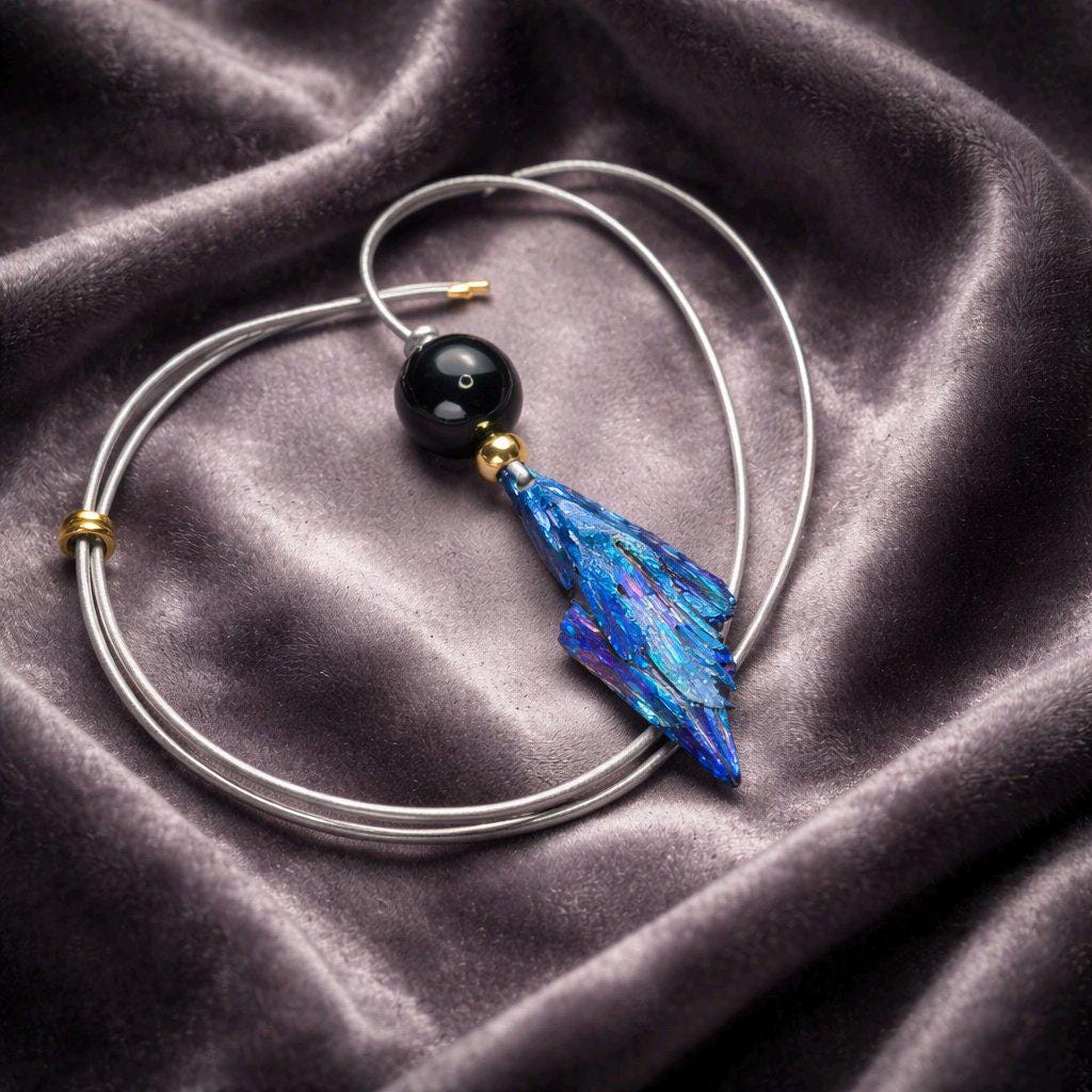 Geometric Titanium Black Tourmaline Necklace, Chunky Rainbow Crystal Pendant with Black Onyx, Healing Jewelry, Adjustable Leather Cord #2568