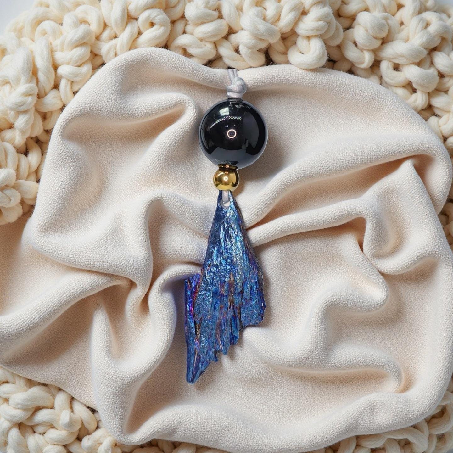 Geometric Titanium Black Tourmaline Necklace, Chunky Rainbow Crystal Pendant with Black Onyx, Healing Jewelry, Adjustable Leather Cord #2568