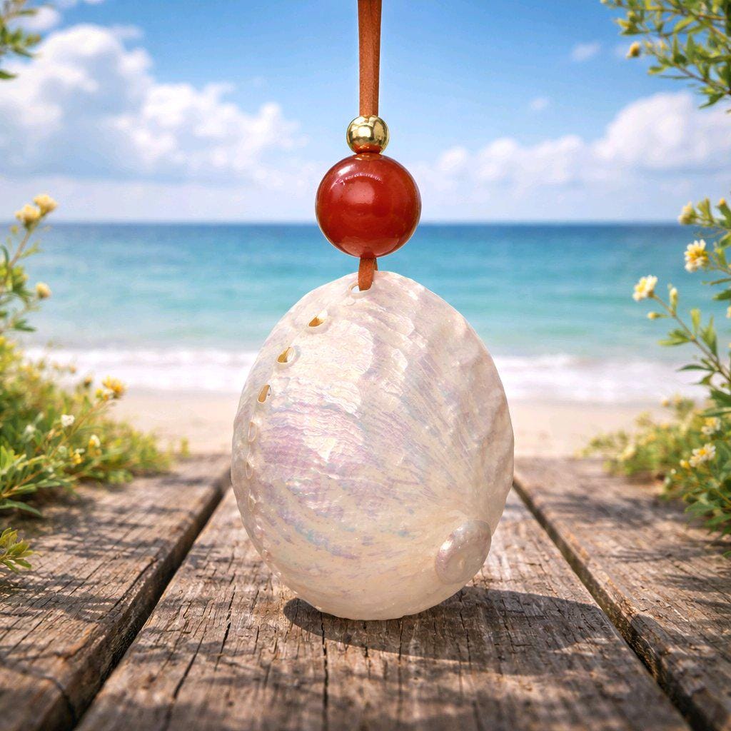 Geometric White Shell Necklace, Chunky Nautilus Pendant with 18mm Red Carnelian, Ocean Inspired Jewelry, Adjustable Leather Cord #2567