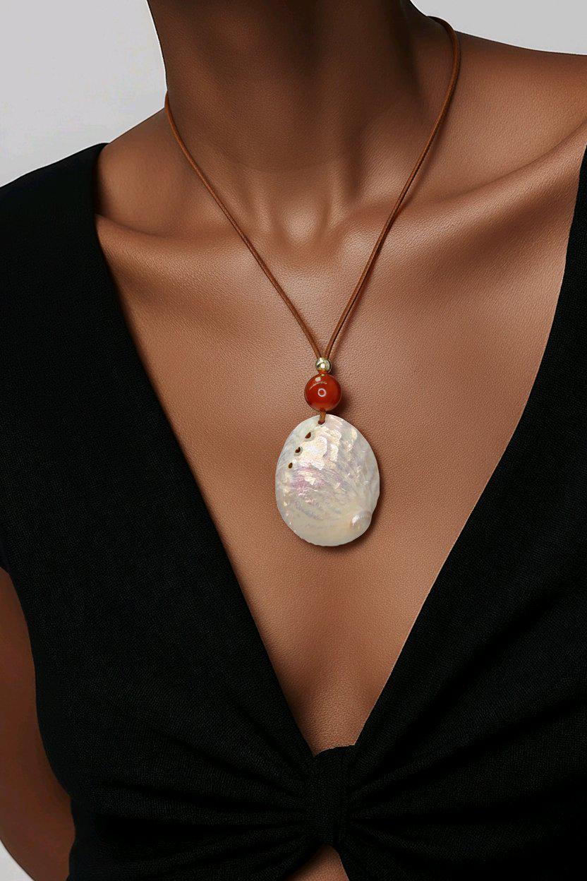 Geometric White Shell Necklace, Chunky Nautilus Pendant with 18mm Red Carnelian, Ocean Inspired Jewelry, Adjustable Leather Cord #2567