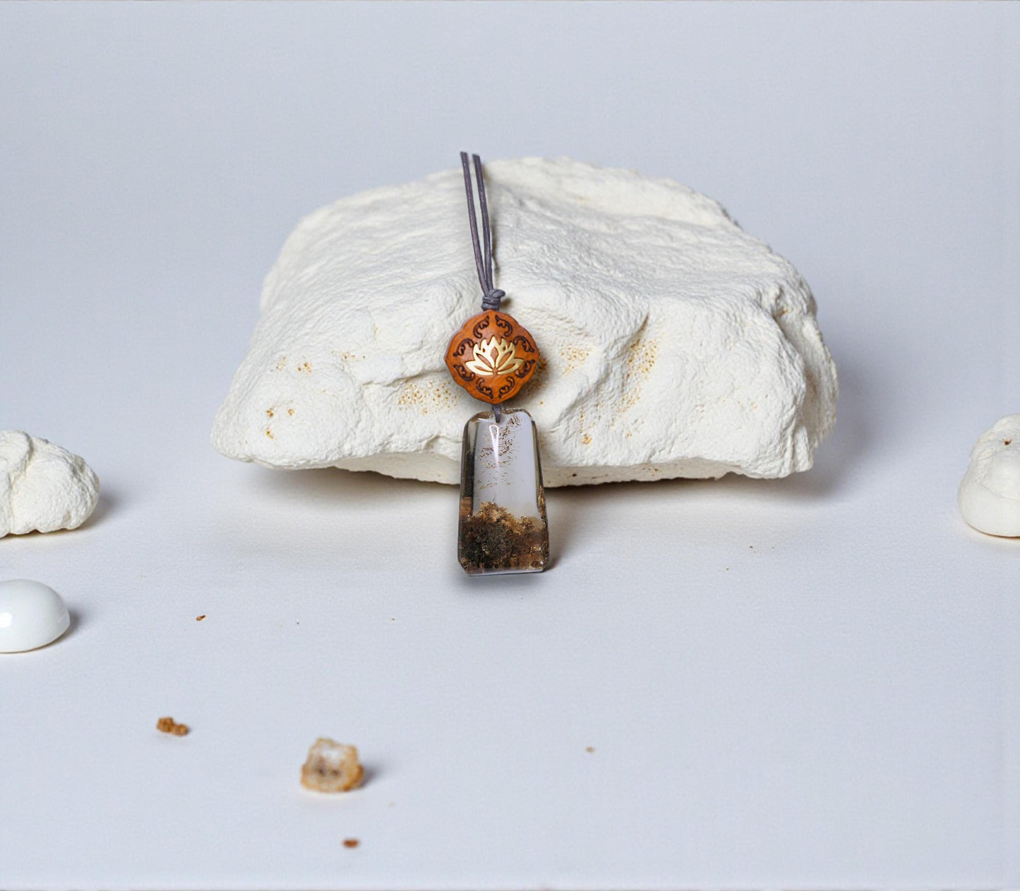 Geometric Garden Quartz Pendant, Chunky Phantom Quartz Necklace with Red Sandalwood, 18k Gold Lotus, Adjustable Leather Cord #2566