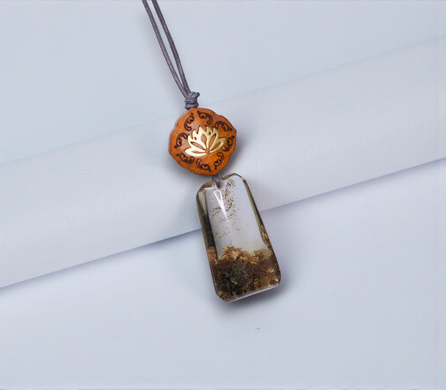 Geometric Garden Quartz Pendant, Chunky Phantom Quartz Necklace with Red Sandalwood, 18k Gold Lotus, Adjustable Leather Cord #2566