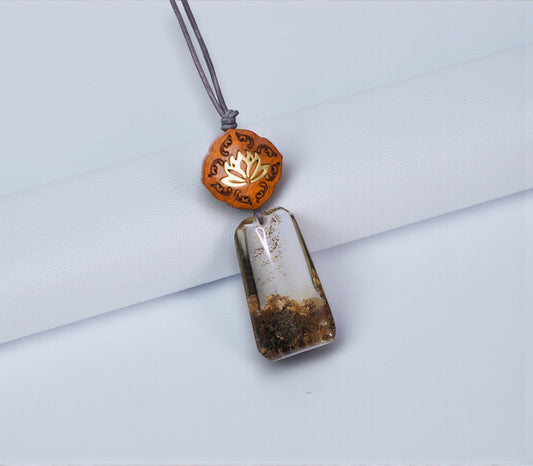 Geometric Garden Quartz Pendant, Chunky Phantom Quartz Necklace with Red Sandalwood, 18k Gold Lotus, Adjustable Leather Cord #2566