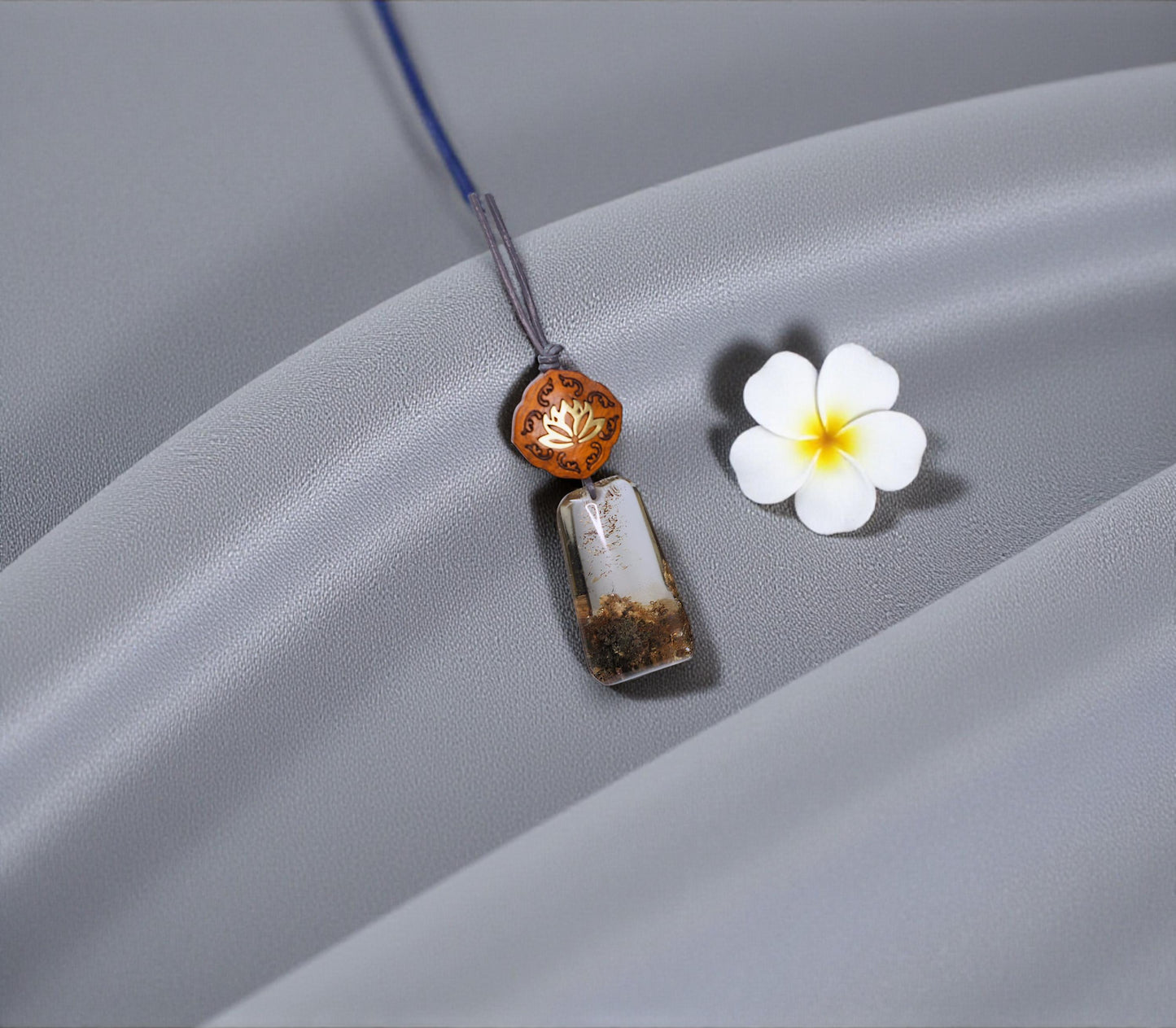 Geometric Garden Quartz Pendant, Chunky Phantom Quartz Necklace with Red Sandalwood, 18k Gold Lotus, Adjustable Leather Cord #2566