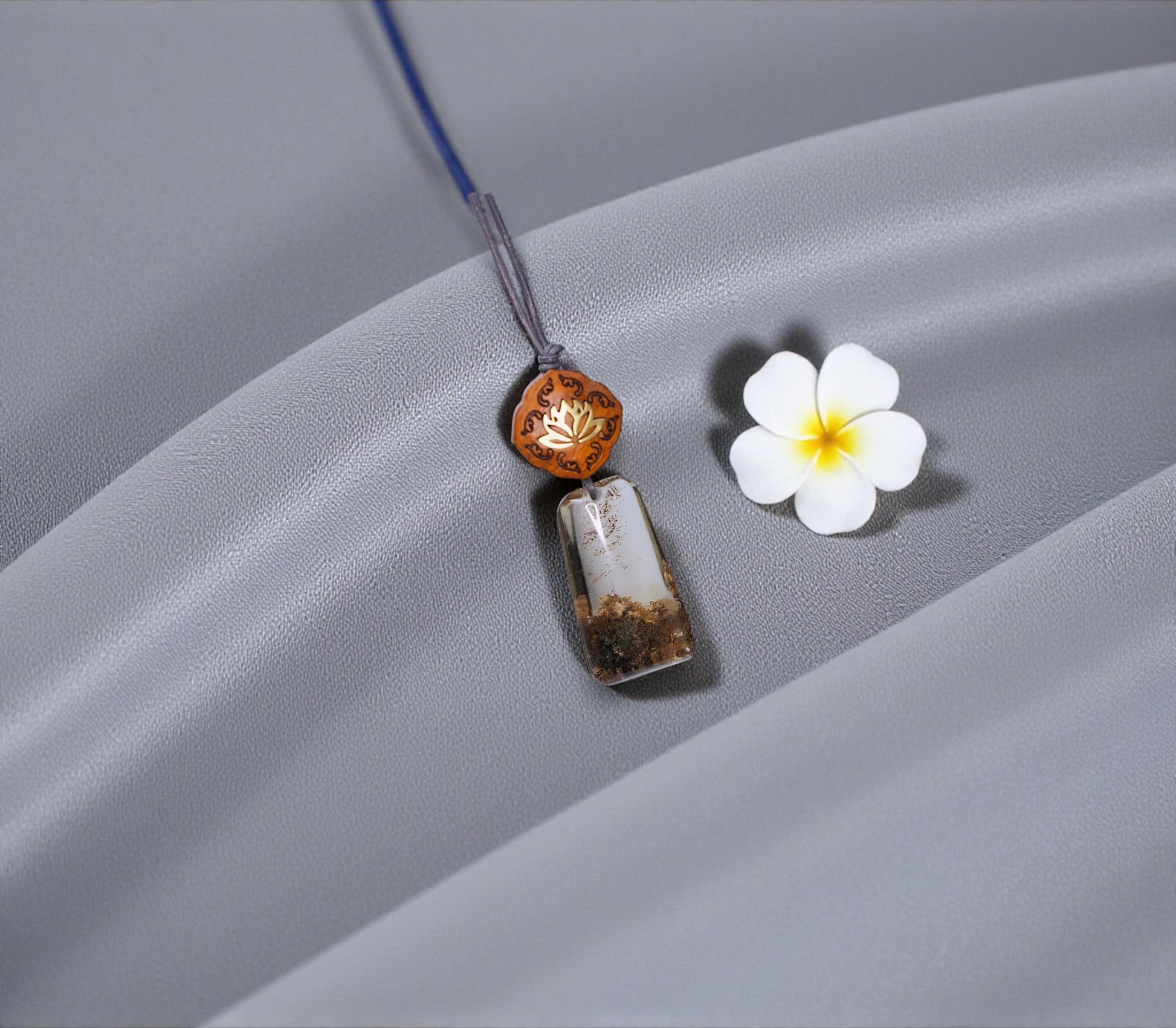 Geometric Garden Quartz Pendant, Chunky Phantom Quartz Necklace with Red Sandalwood, 18k Gold Lotus, Adjustable Leather Cord #2566