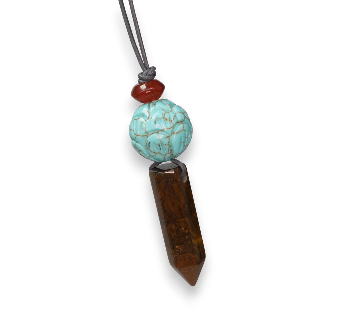 Geometric Tiger's Eye Pendant Necklace, Chunky Crystal Point with Red Carnelian and Turquoise Lotus, Adjustable Leather Cord #2565
