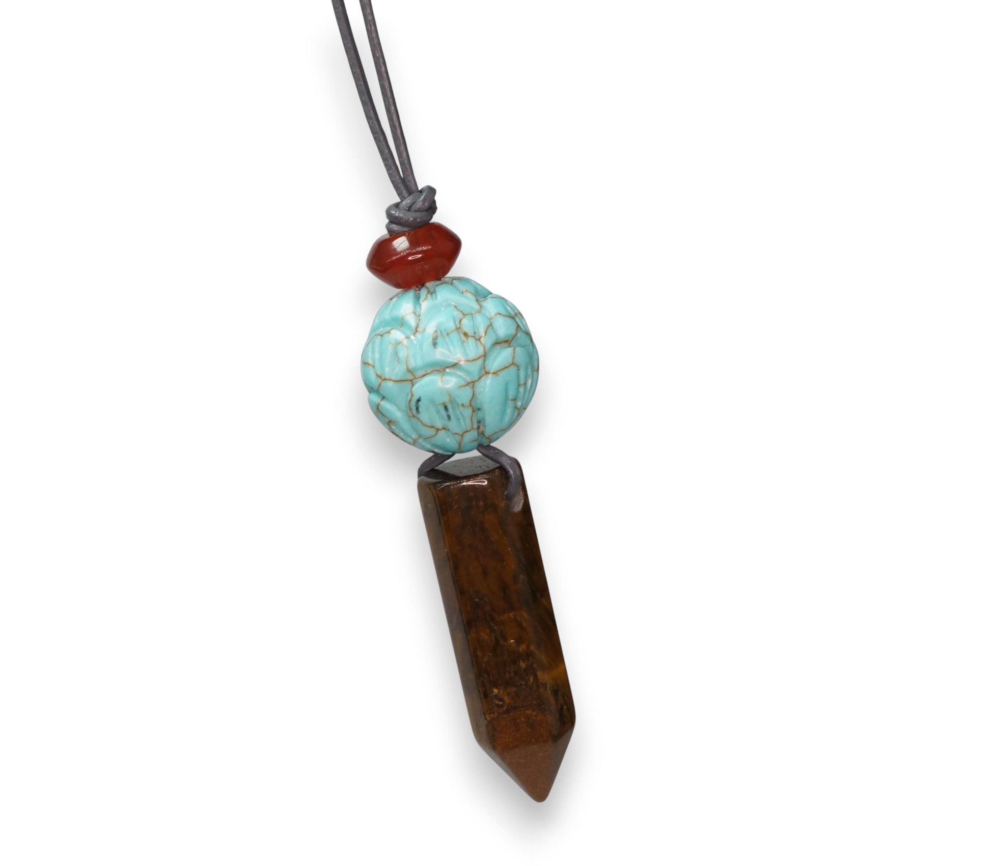 Geometric Tiger's Eye Pendant Necklace, Chunky Crystal Point with Red Carnelian and Turquoise Lotus, Adjustable Leather Cord #2565