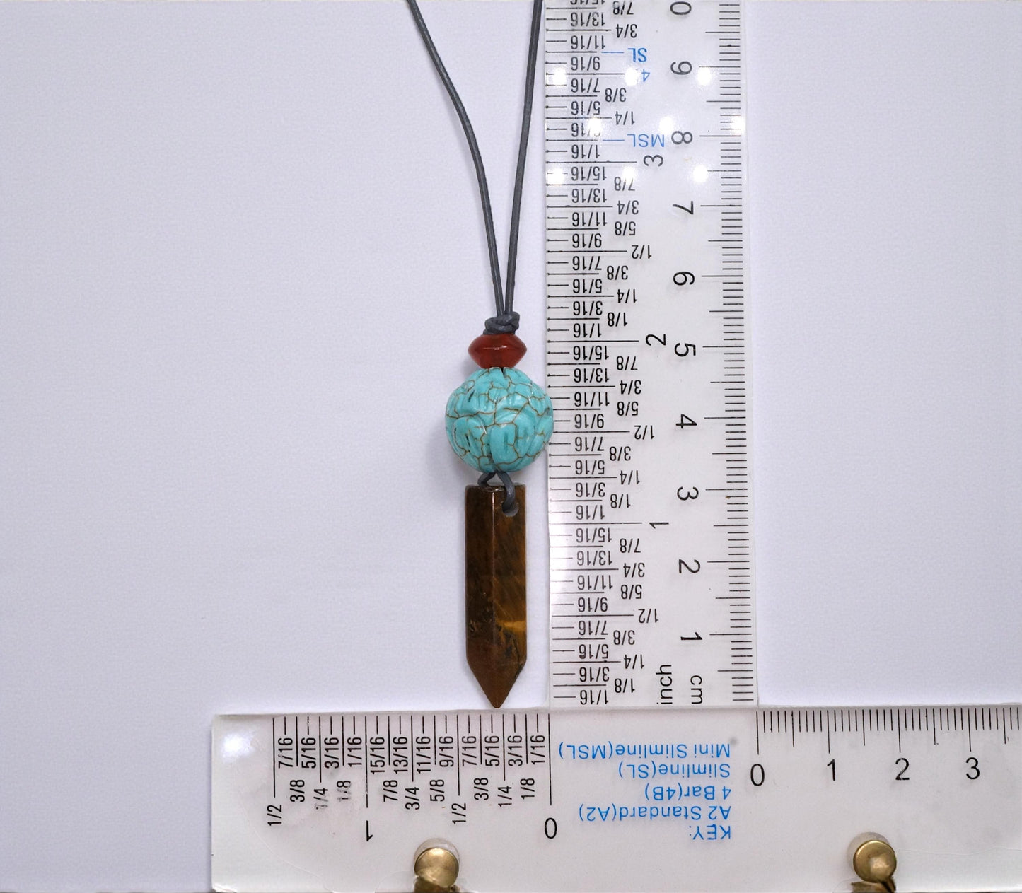 Geometric Tiger's Eye Pendant Necklace, Chunky Crystal Point with Red Carnelian and Turquoise Lotus, Adjustable Leather Cord #2565
