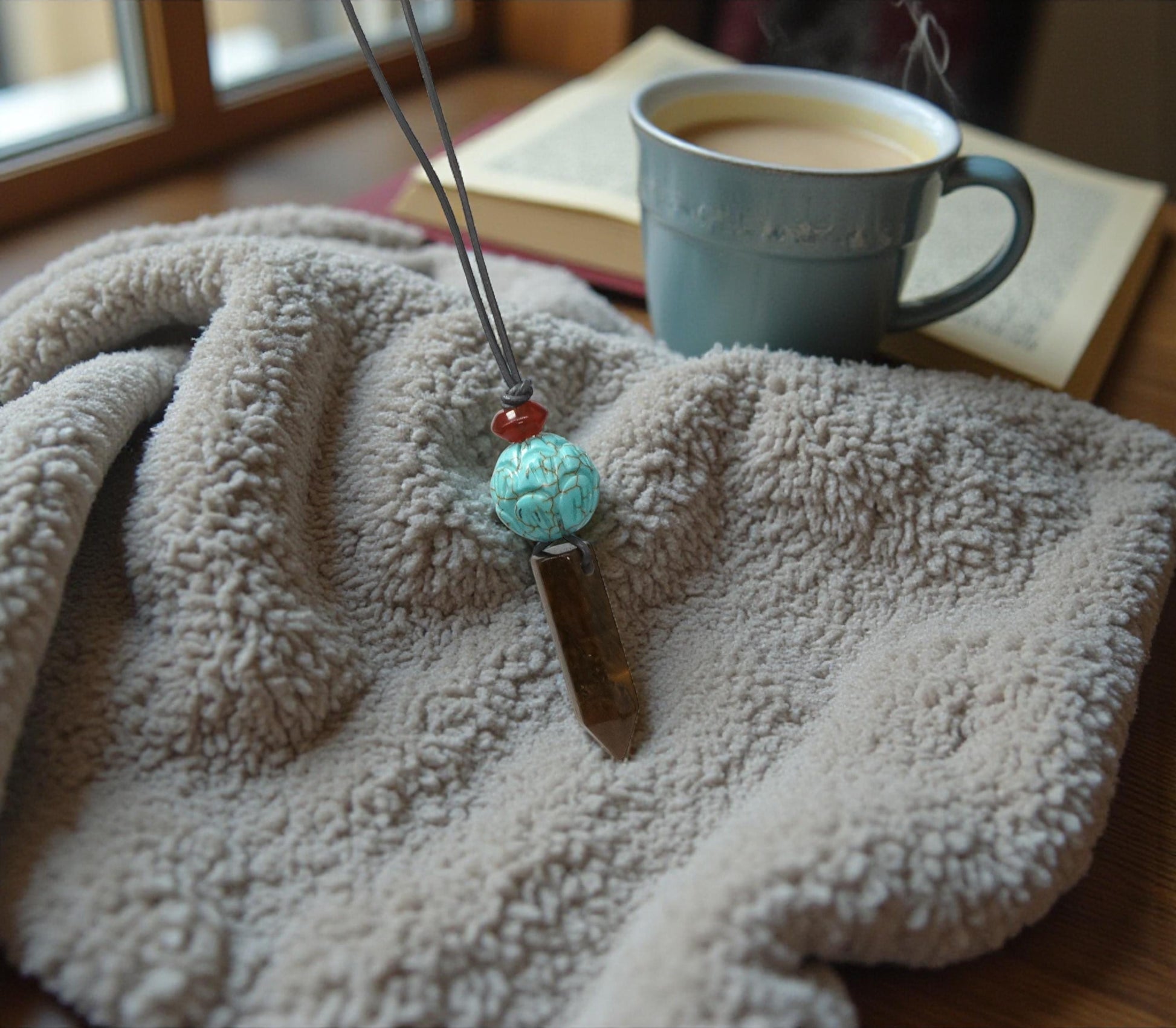 Geometric Tiger's Eye Pendant Necklace, Chunky Crystal Point with Red Carnelian and Turquoise Lotus, Adjustable Leather Cord #2565