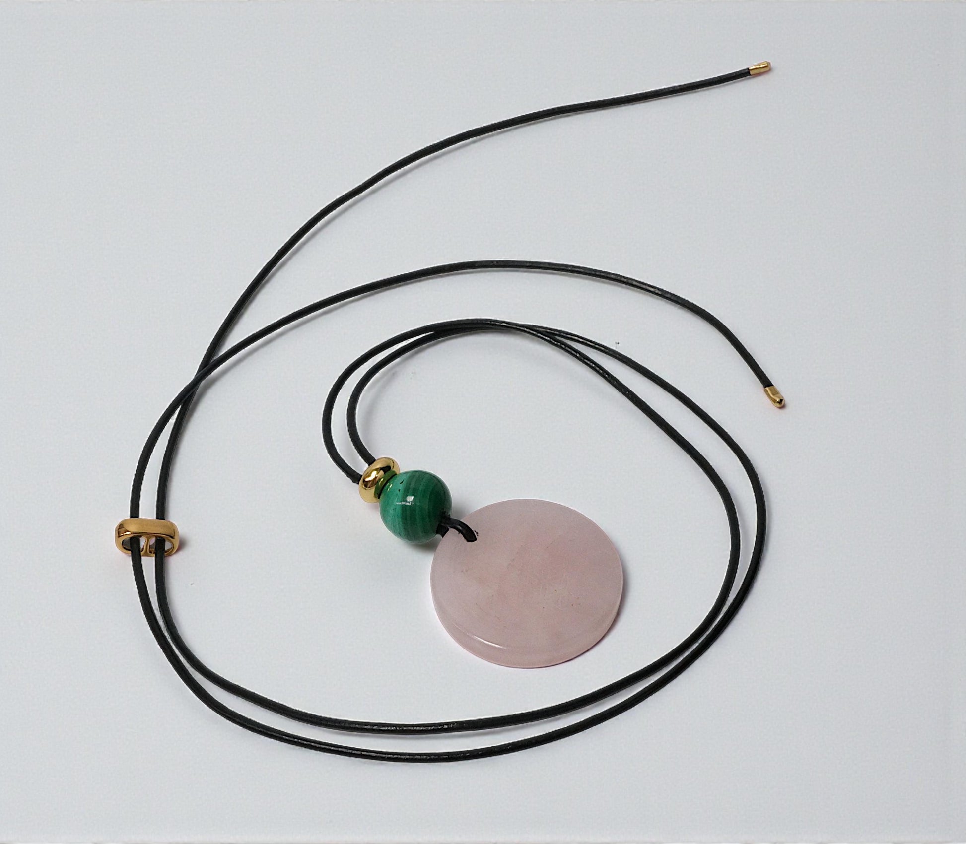 Geometric Flower of Life Rose Quartz Necklace, Chunky Malachite Bead Spiritual Pendant, Adjustable Leather Cord up to 30 Inches #2564