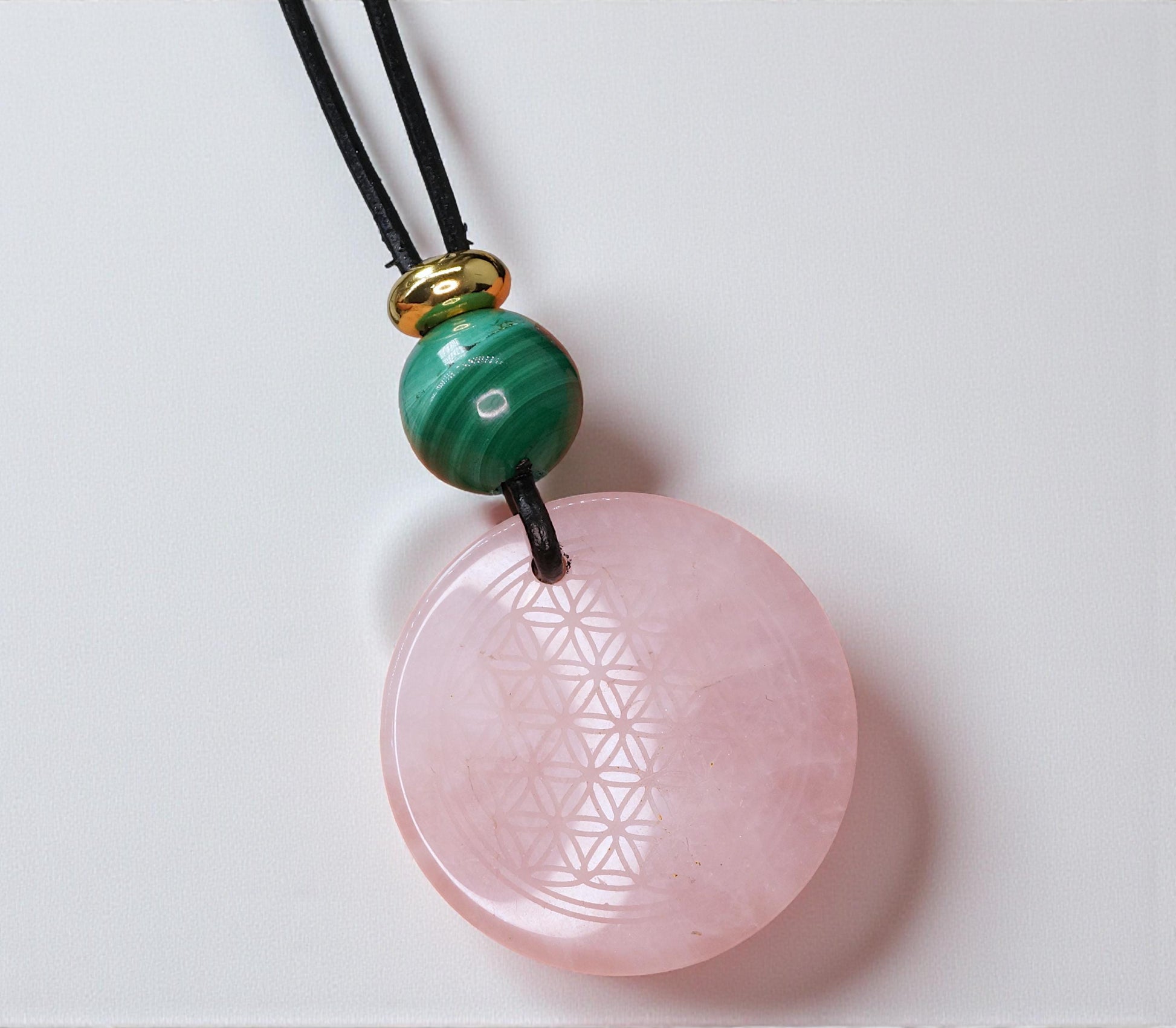 Geometric Flower of Life Rose Quartz Necklace, Chunky Malachite Bead Spiritual Pendant, Adjustable Leather Cord up to 30 Inches #2564