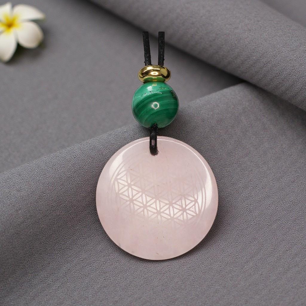 Geometric Flower of Life Rose Quartz Necklace, Chunky Malachite Bead Spiritual Pendant, Adjustable Leather Cord up to 30 Inches #2564