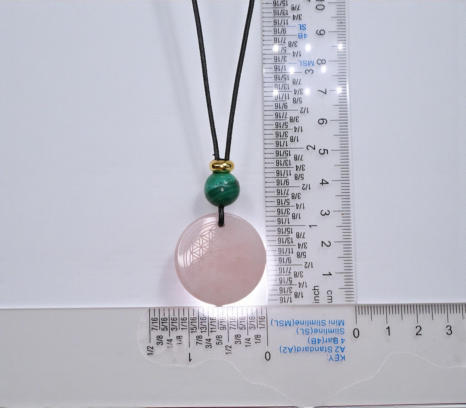 Geometric Flower of Life Rose Quartz Necklace, Chunky Malachite Bead Spiritual Pendant, Adjustable Leather Cord up to 30 Inches #2564