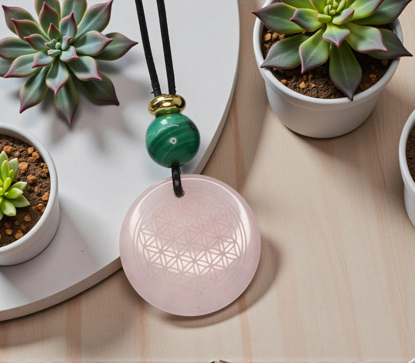 Geometric Flower of Life Rose Quartz Necklace, Chunky Malachite Bead Spiritual Pendant, Adjustable Leather Cord up to 30 Inches #2564