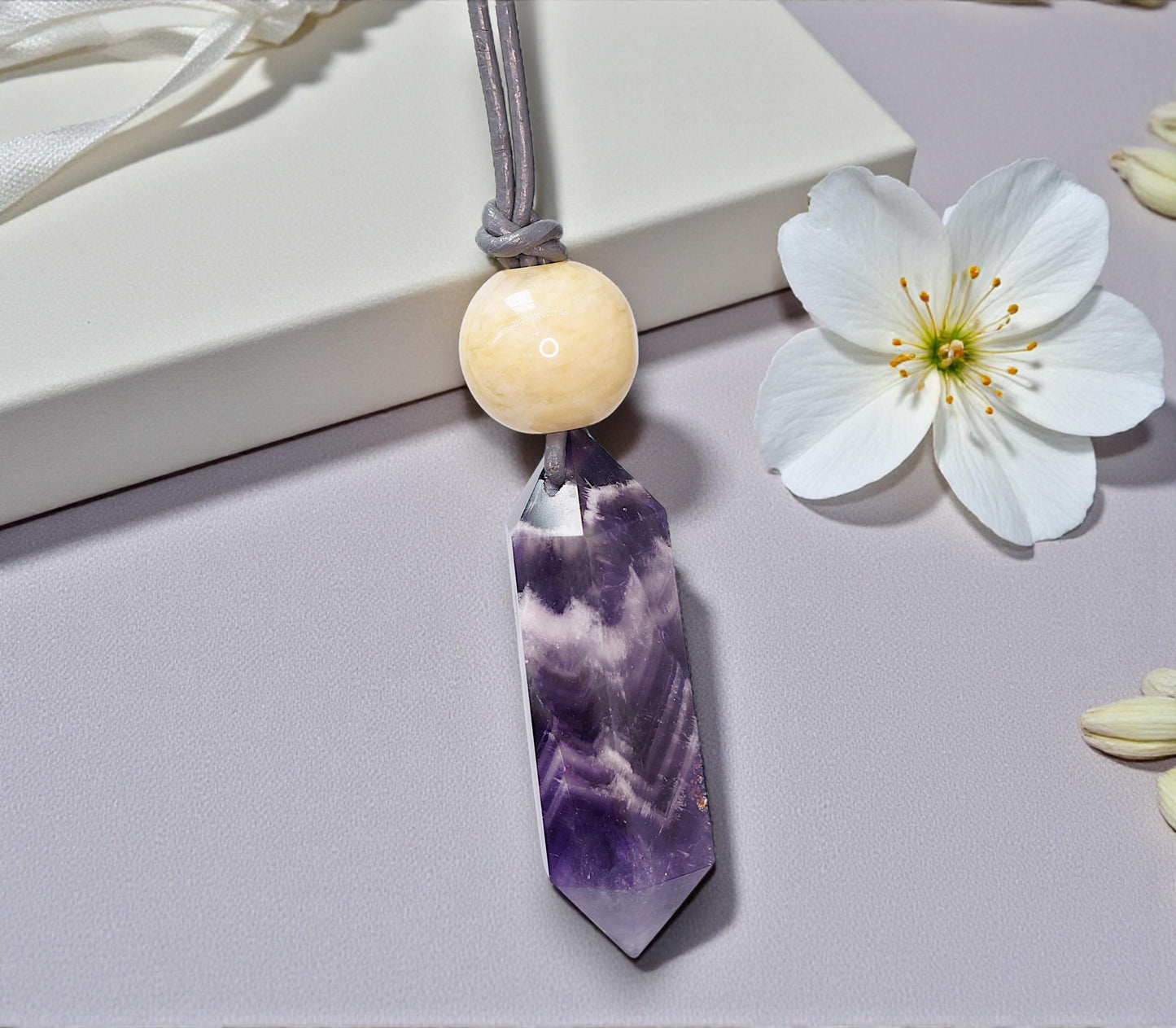 Geometric Chevron Amethyst Crystal Point Necklace, Chunky Dreamy Amethyst with Yellow Jade, Adjustable Leather Cord up to 30 Inches