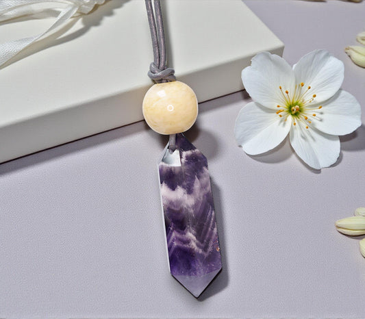 Geometric Chevron Amethyst Crystal Point Necklace, Chunky Dreamy Amethyst with Yellow Jade, Adjustable Leather Cord up to 30 Inches