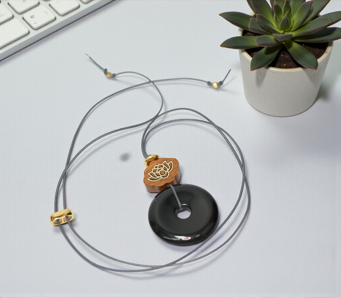 Geometric Black Obsidian Donut Pendant for Protection, Chunky Natural Obsidian Necklace with Sandalwood Lotus, Adjustable cord 24" #2563