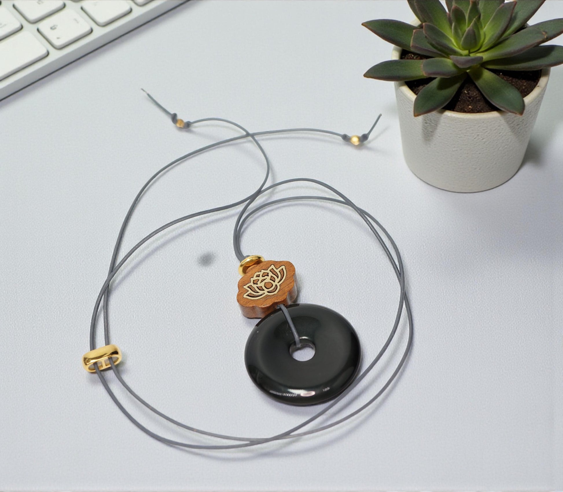 Geometric Black Obsidian Donut Pendant for Protection, Chunky Natural Obsidian Necklace with Sandalwood Lotus, Adjustable cord 24" #2563