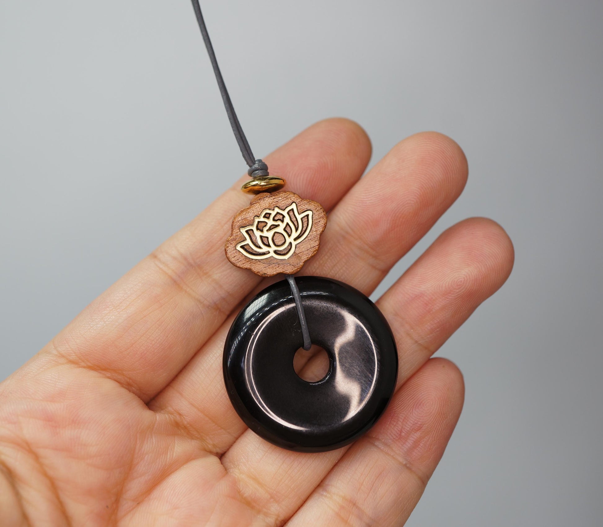 Geometric Black Obsidian Donut Pendant for Protection, Chunky Natural Obsidian Necklace with Sandalwood Lotus, Adjustable cord 24" #2563