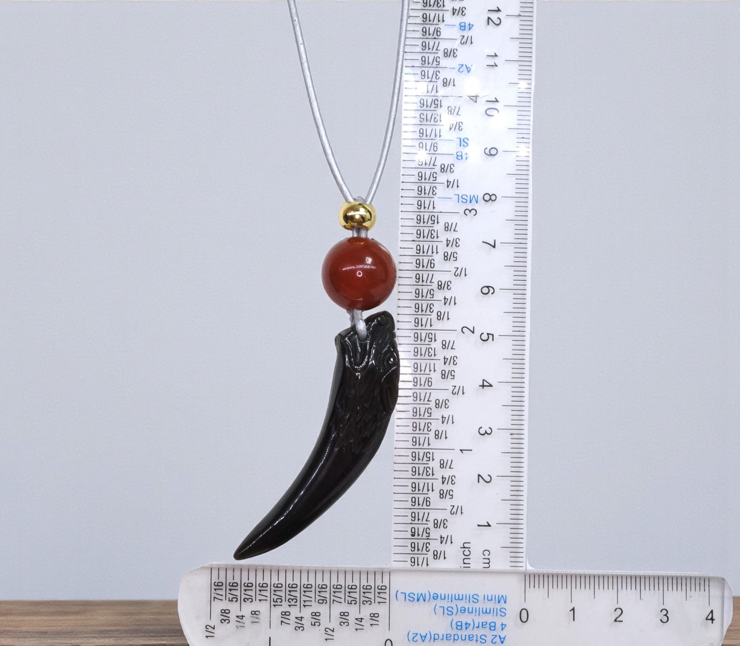 Geometric Obsidian Wolf Tooth Pendant for Strength, Chunky Natural Obsidian Necklace with Red Carnelian, Adjustable Leather Cord 30" #2562