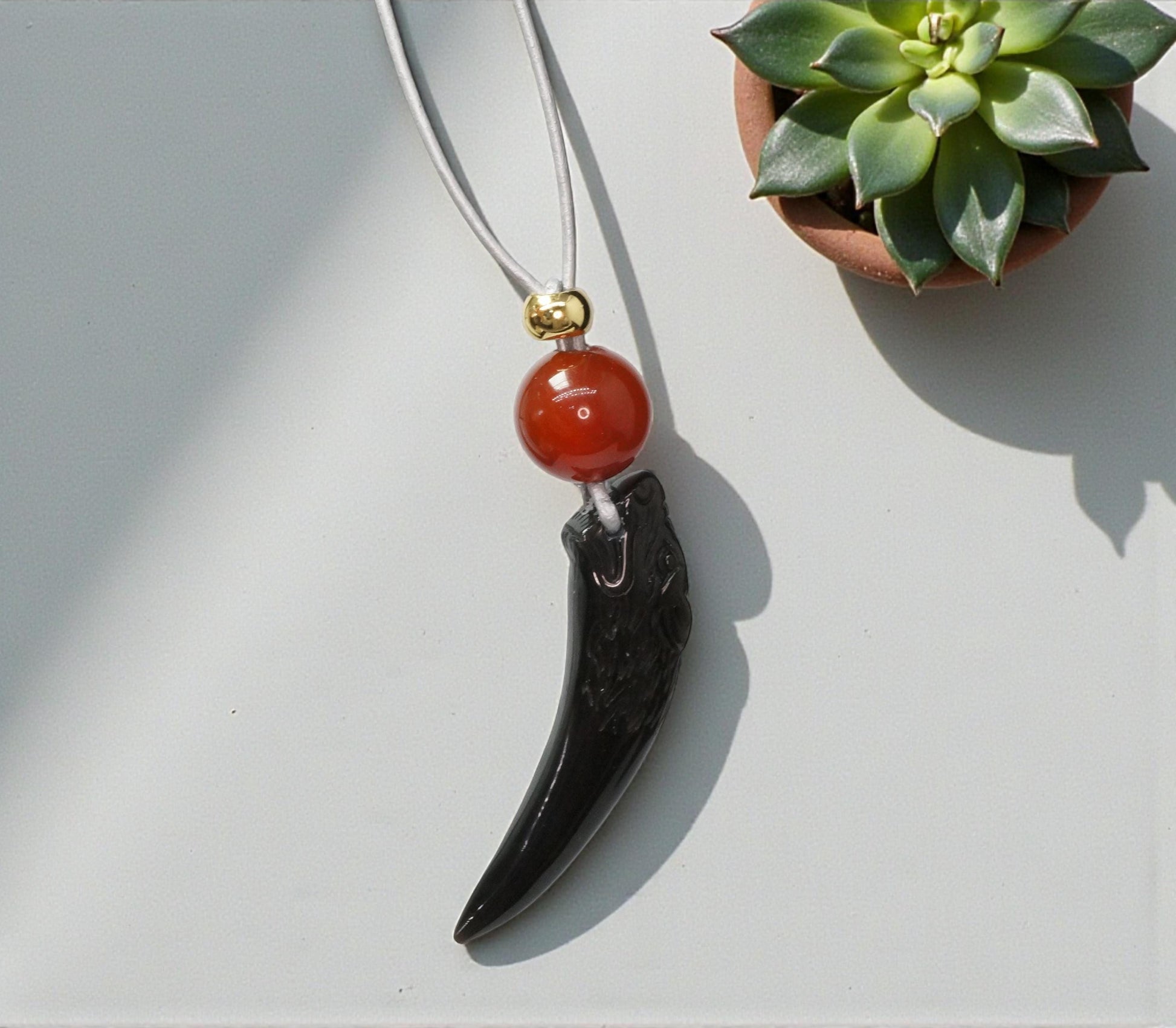 Geometric Obsidian Wolf Tooth Pendant for Strength, Chunky Natural Obsidian Necklace with Red Carnelian, Adjustable Leather Cord 30" #2562