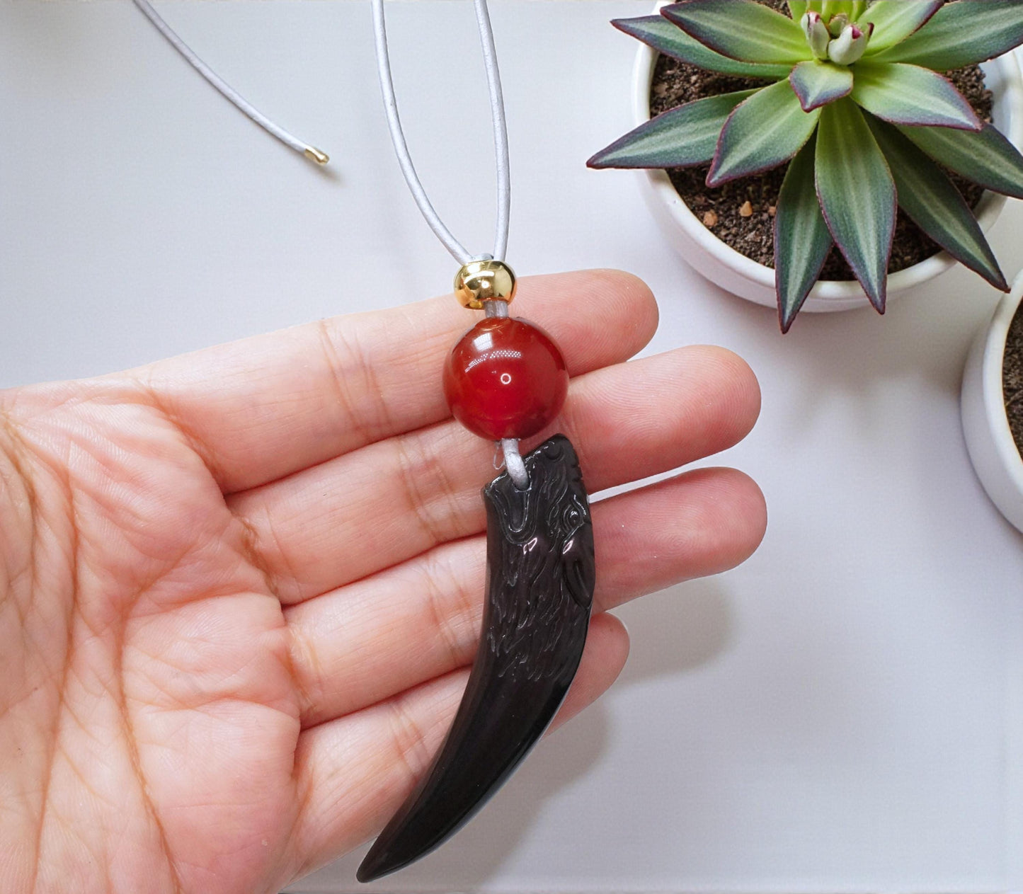 Geometric Obsidian Wolf Tooth Pendant for Strength, Chunky Natural Obsidian Necklace with Red Carnelian, Adjustable Leather Cord 30" #2562