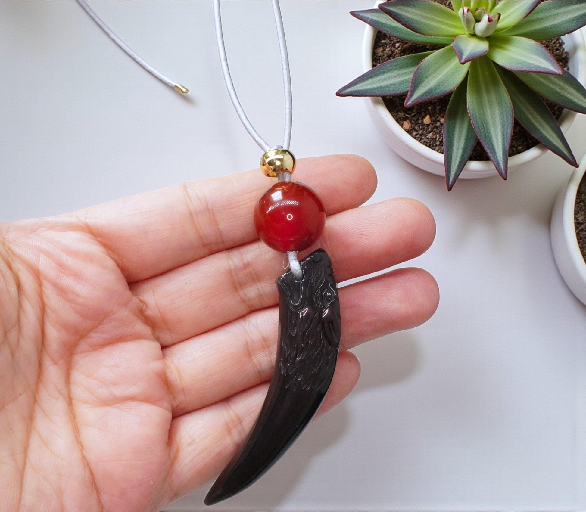 Geometric Obsidian Wolf Tooth Pendant for Strength, Chunky Natural Obsidian Necklace with Red Carnelian, Adjustable Leather Cord 30" #2562