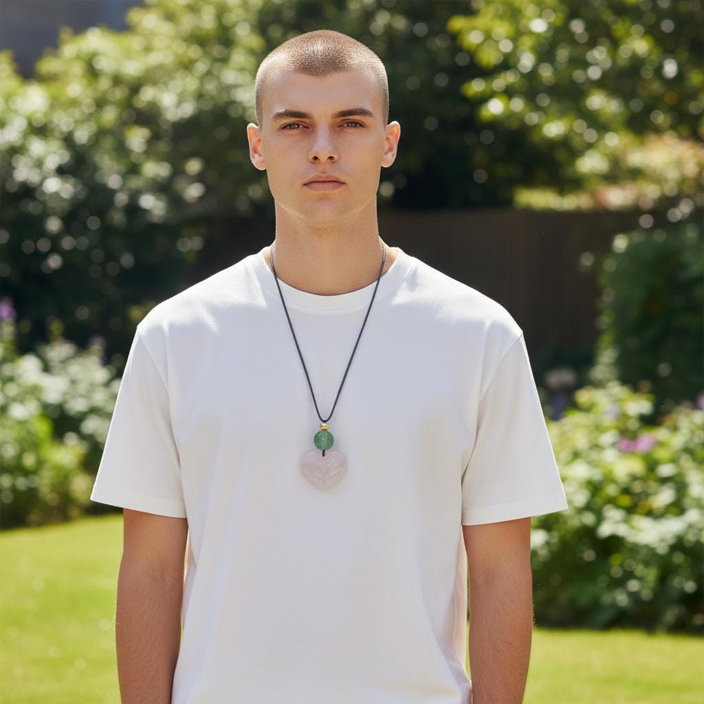 Geometric Heart Rose Quartz Pendant for Love, Chunky Natural Rose Quartz Necklace with Green Fluorite, Adjustable Leather Cord 30" #2561