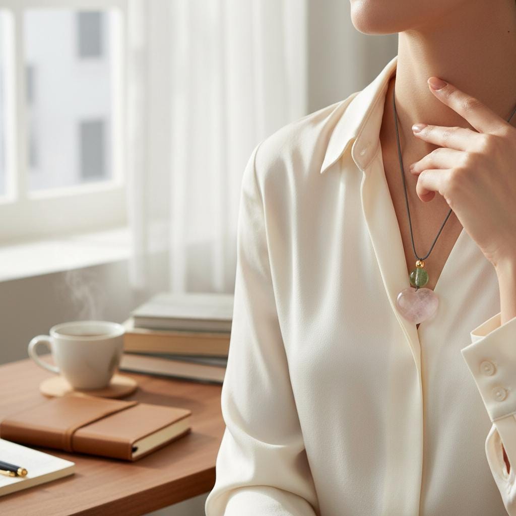 Geometric Heart Rose Quartz Pendant for Love, Chunky Natural Rose Quartz Necklace with Green Fluorite, Adjustable Leather Cord 30" #2561