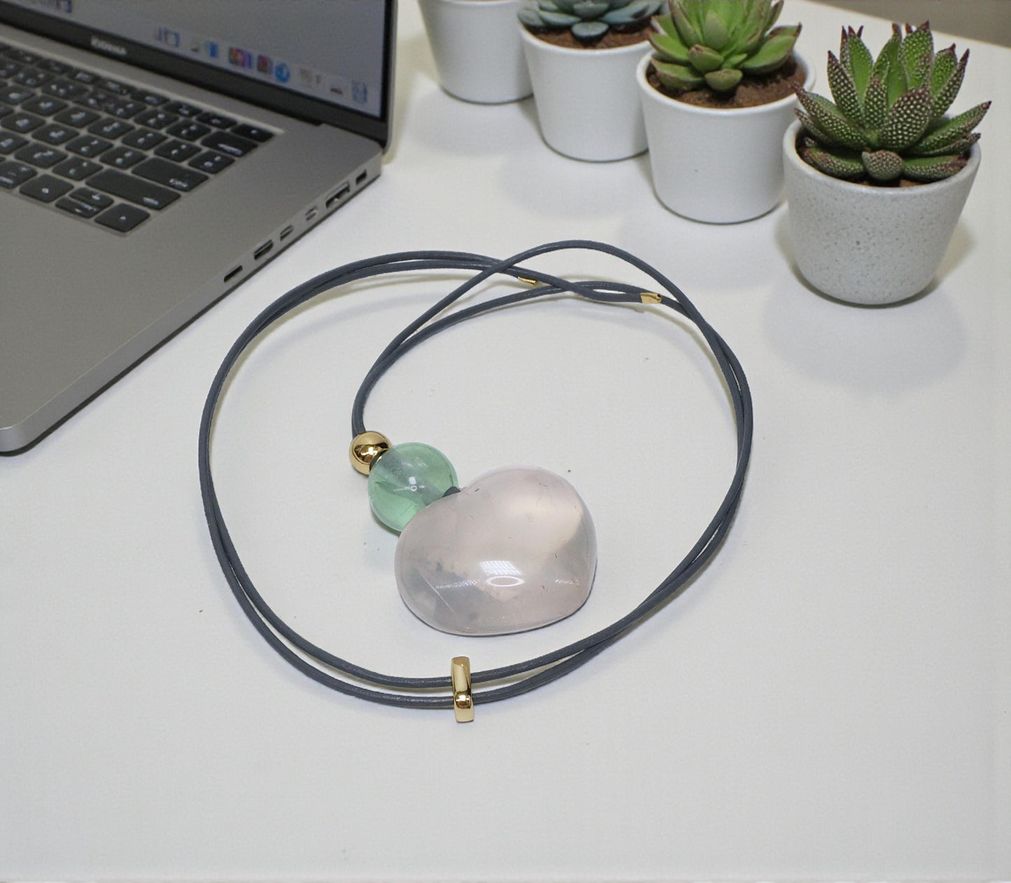 Geometric Heart Rose Quartz Pendant for Love, Chunky Natural Rose Quartz Necklace with Green Fluorite, Adjustable Leather Cord 30" #2561