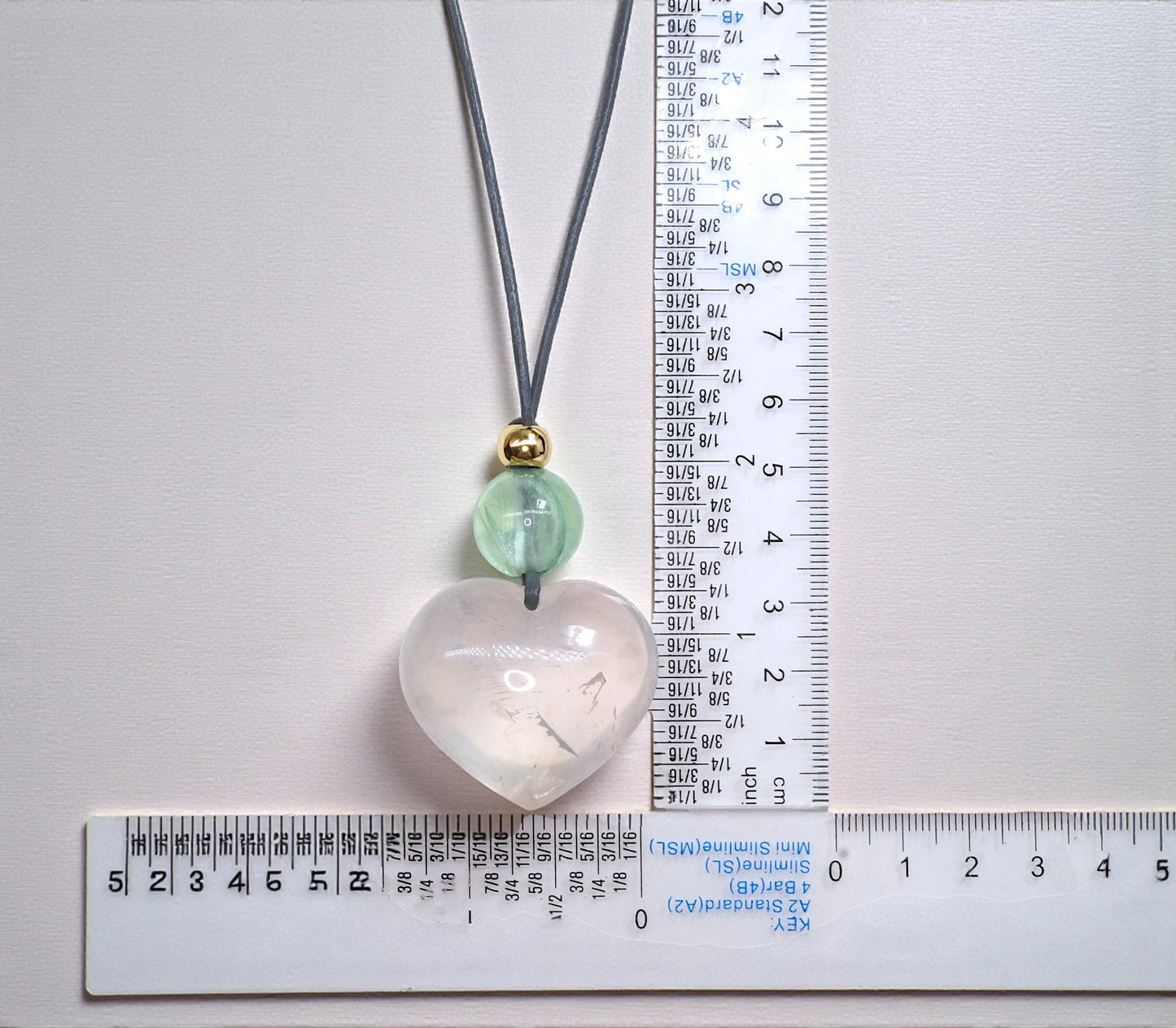 Geometric Heart Rose Quartz Pendant for Love, Chunky Natural Rose Quartz Necklace with Green Fluorite, Adjustable Leather Cord 30" #2561