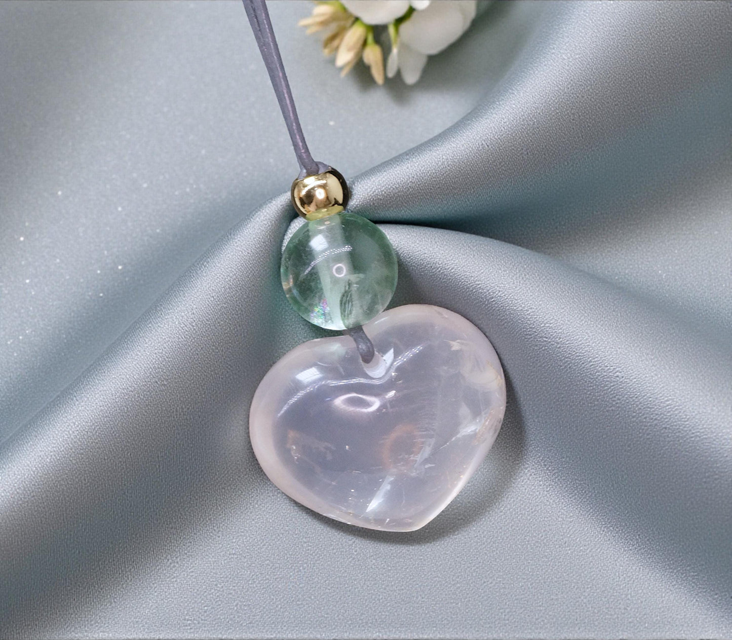 Geometric Heart Rose Quartz Pendant for Love, Chunky Natural Rose Quartz Necklace with Green Fluorite, Adjustable Leather Cord 30" #2561