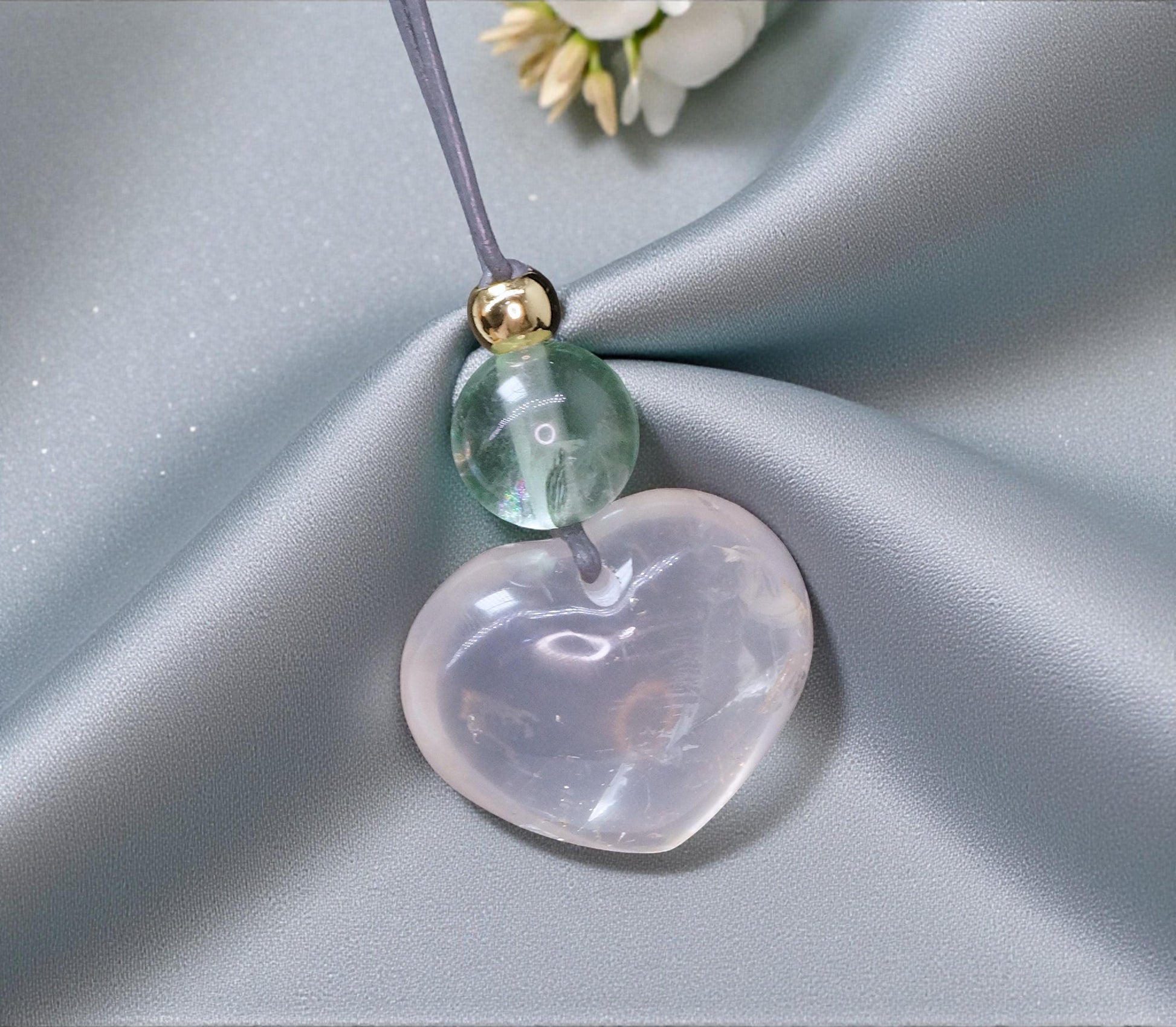 Geometric Heart Rose Quartz Pendant for Love, Chunky Natural Rose Quartz Necklace with Green Fluorite, Adjustable Leather Cord 30" #2561