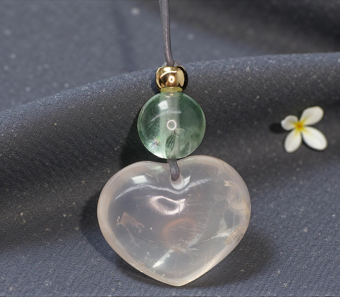 Geometric Heart Rose Quartz Pendant for Love, Chunky Natural Rose Quartz Necklace with Green Fluorite, Adjustable Leather Cord 30" #2561