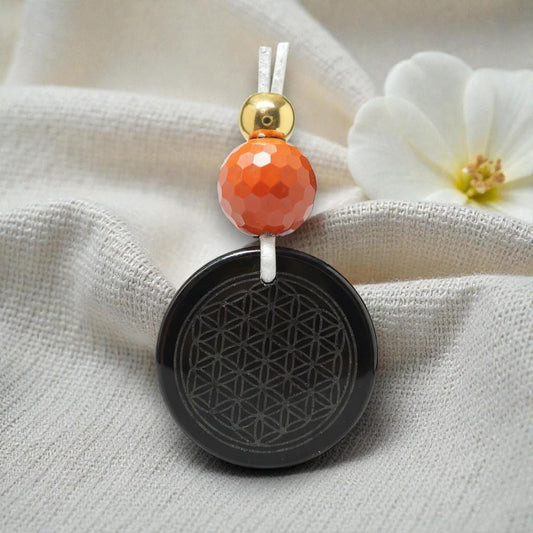 Geometric Flower of Life Obsidian Necklace, Chunky Black Obsidian Pendant with Red Jasper, Adjustable Leather Cord 30 inches #2560