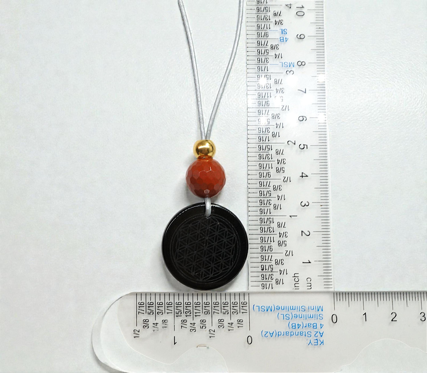 Geometric Flower of Life Obsidian Necklace, Chunky Black Obsidian Pendant with Red Jasper, Adjustable Leather Cord 30 inches #2560
