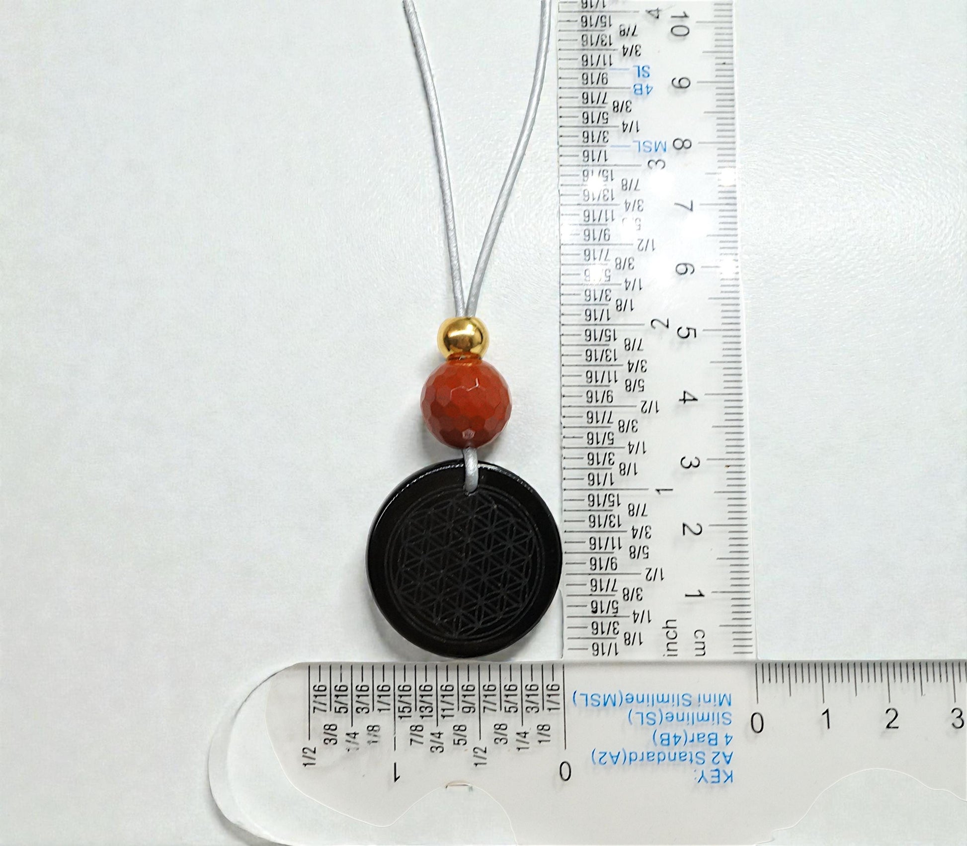 Geometric Flower of Life Obsidian Necklace, Chunky Black Obsidian Pendant with Red Jasper, Adjustable Leather Cord 30 inches #2560