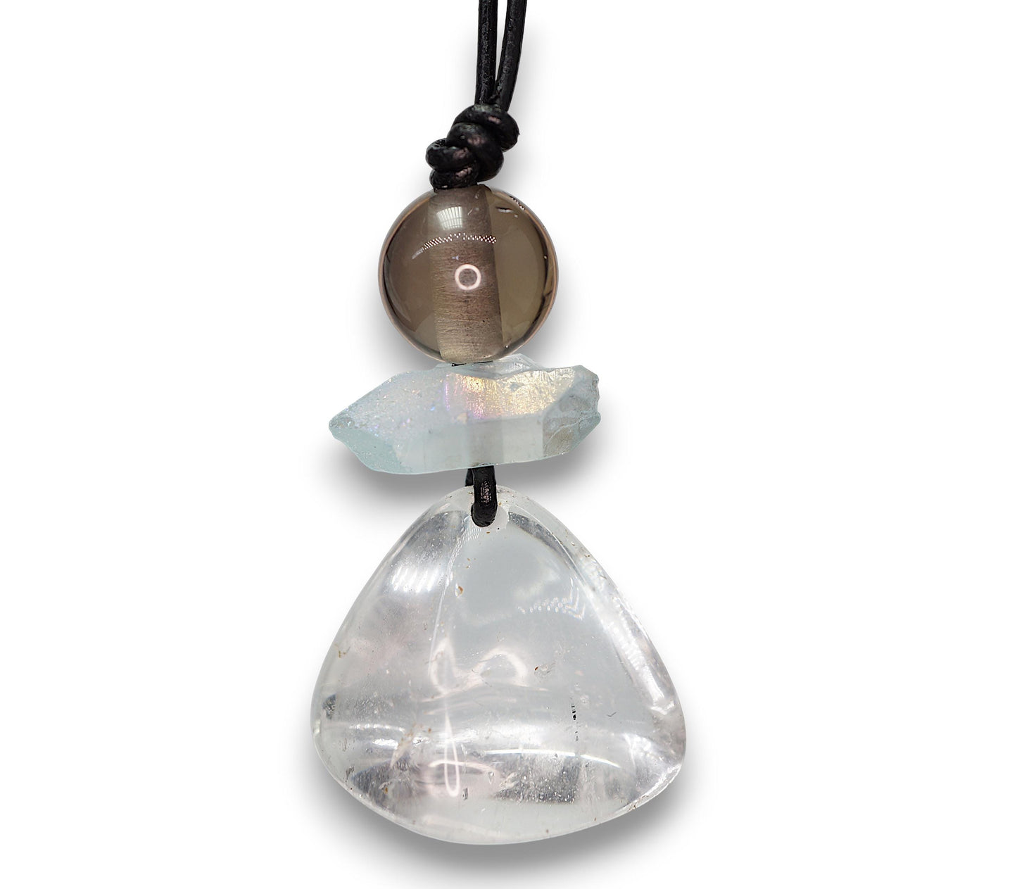 Geometric Irregular Clear Quartz Pendant, Chunky Aura Blue Crystal Necklace with Smoky Quartz, Adjustable Leather Cord up to 30 inches #2559