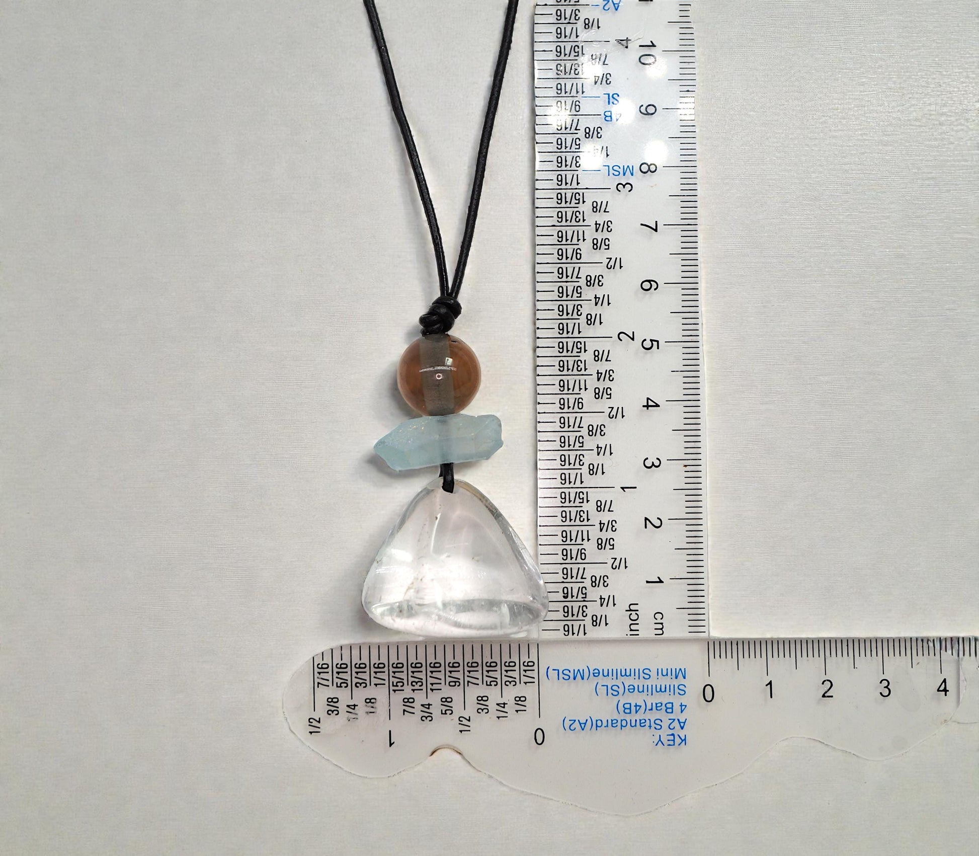 Geometric Irregular Clear Quartz Pendant, Chunky Aura Blue Crystal Necklace with Smoky Quartz, Adjustable Leather Cord up to 30 inches #2559
