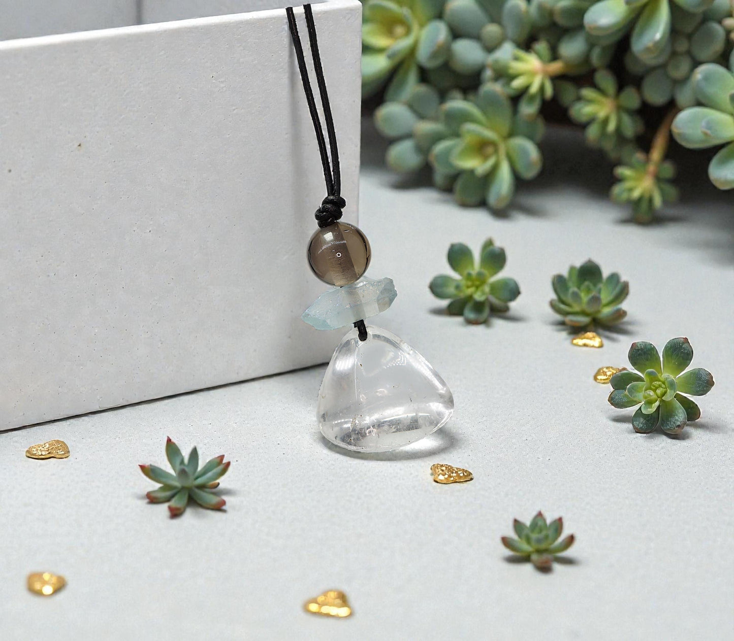 Geometric Irregular Clear Quartz Pendant, Chunky Aura Blue Crystal Necklace with Smoky Quartz, Adjustable Leather Cord up to 30 inches #2559