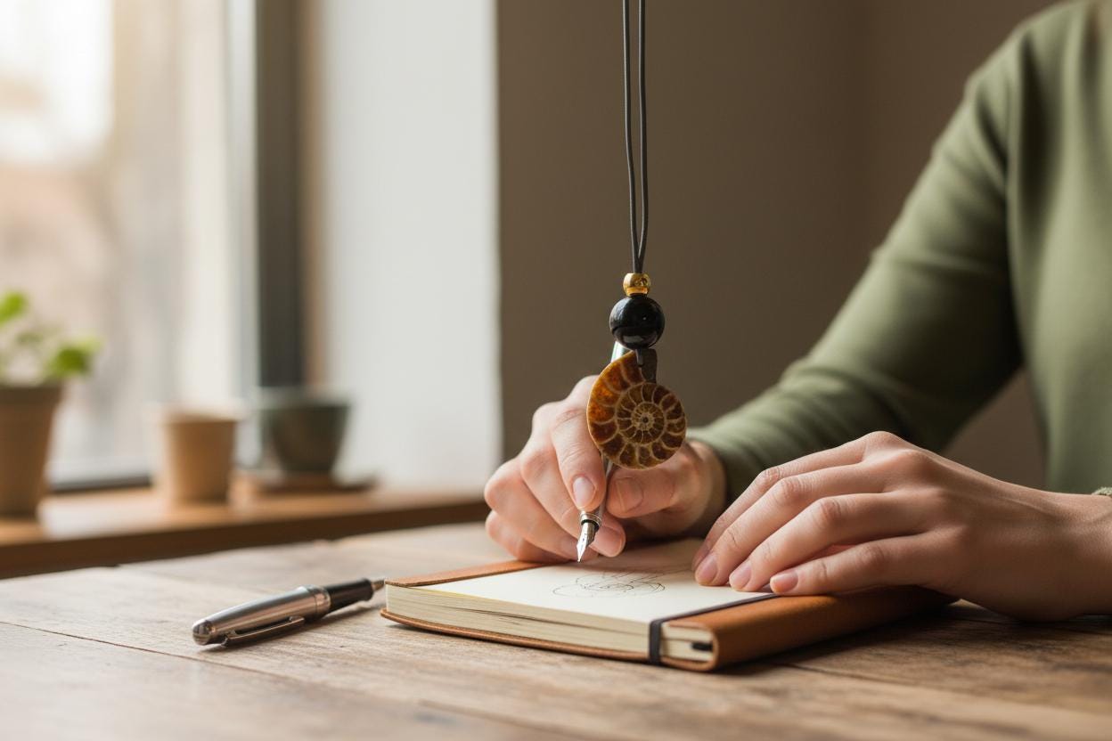 Geometric Ancient Ammonite Fossil Necklace, Chunky Natural Shell Pendant with Black Obsidian, Adjustable Leather Cord up to 30 inches #2558
