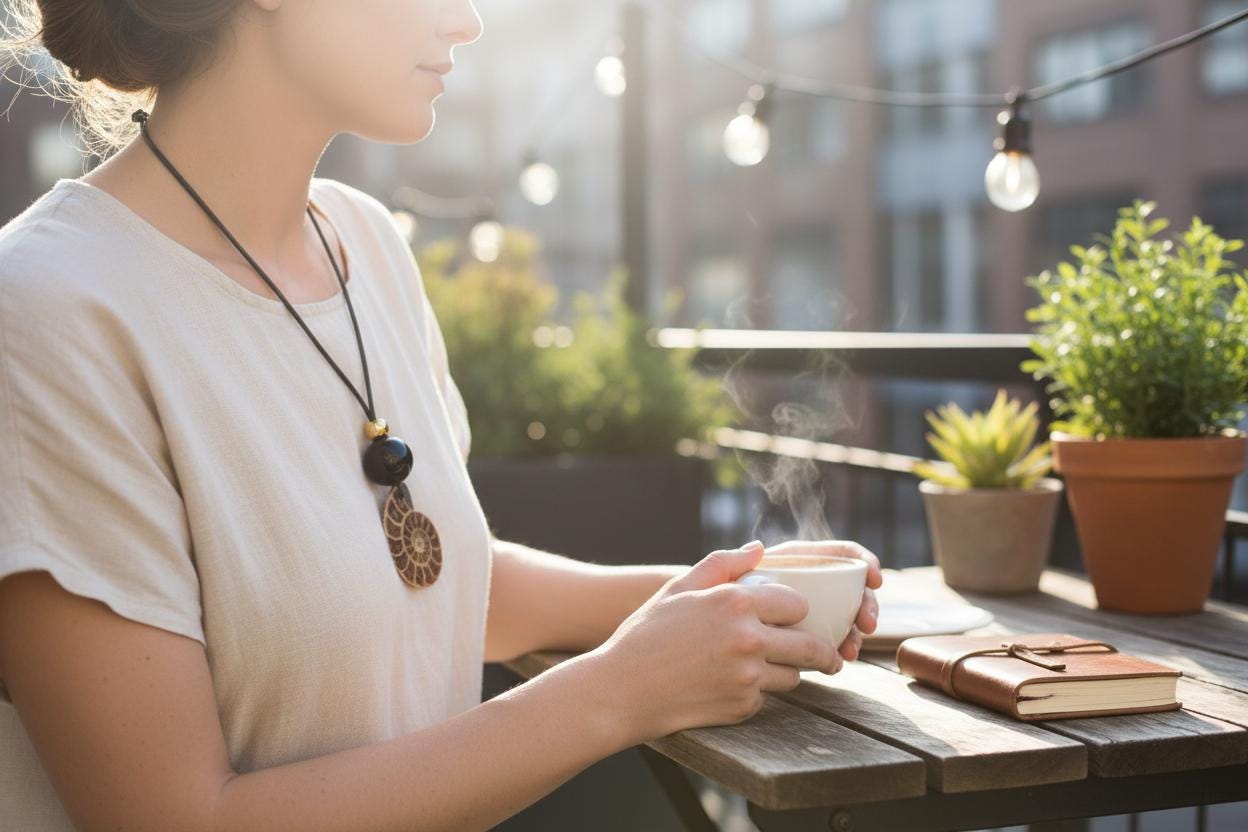 Geometric Ancient Ammonite Fossil Necklace, Chunky Natural Shell Pendant with Black Obsidian, Adjustable Leather Cord up to 30 inches #2558