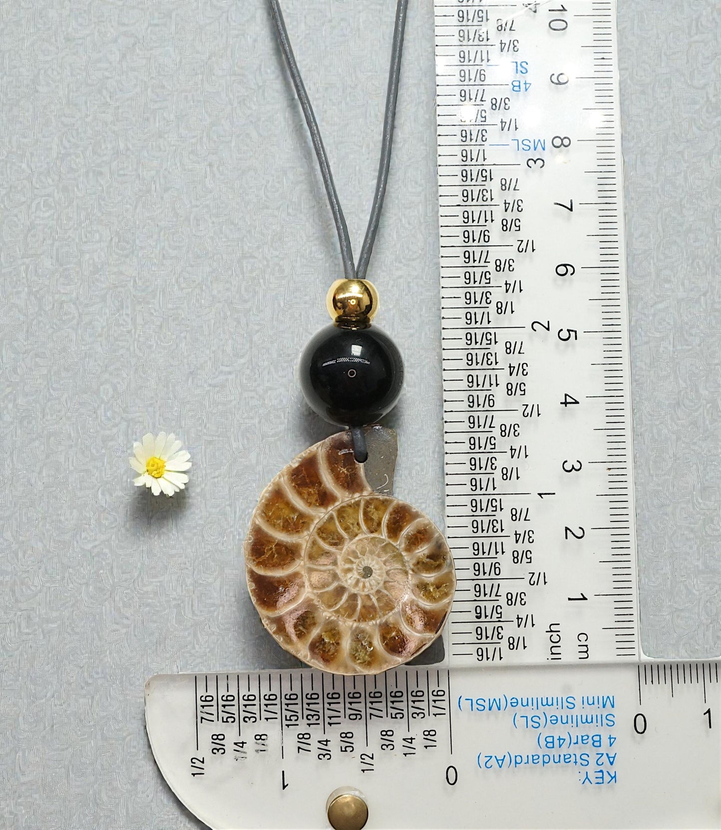 Geometric Ancient Ammonite Fossil Necklace, Chunky Natural Shell Pendant with Black Obsidian, Adjustable Leather Cord up to 30 inches #2558