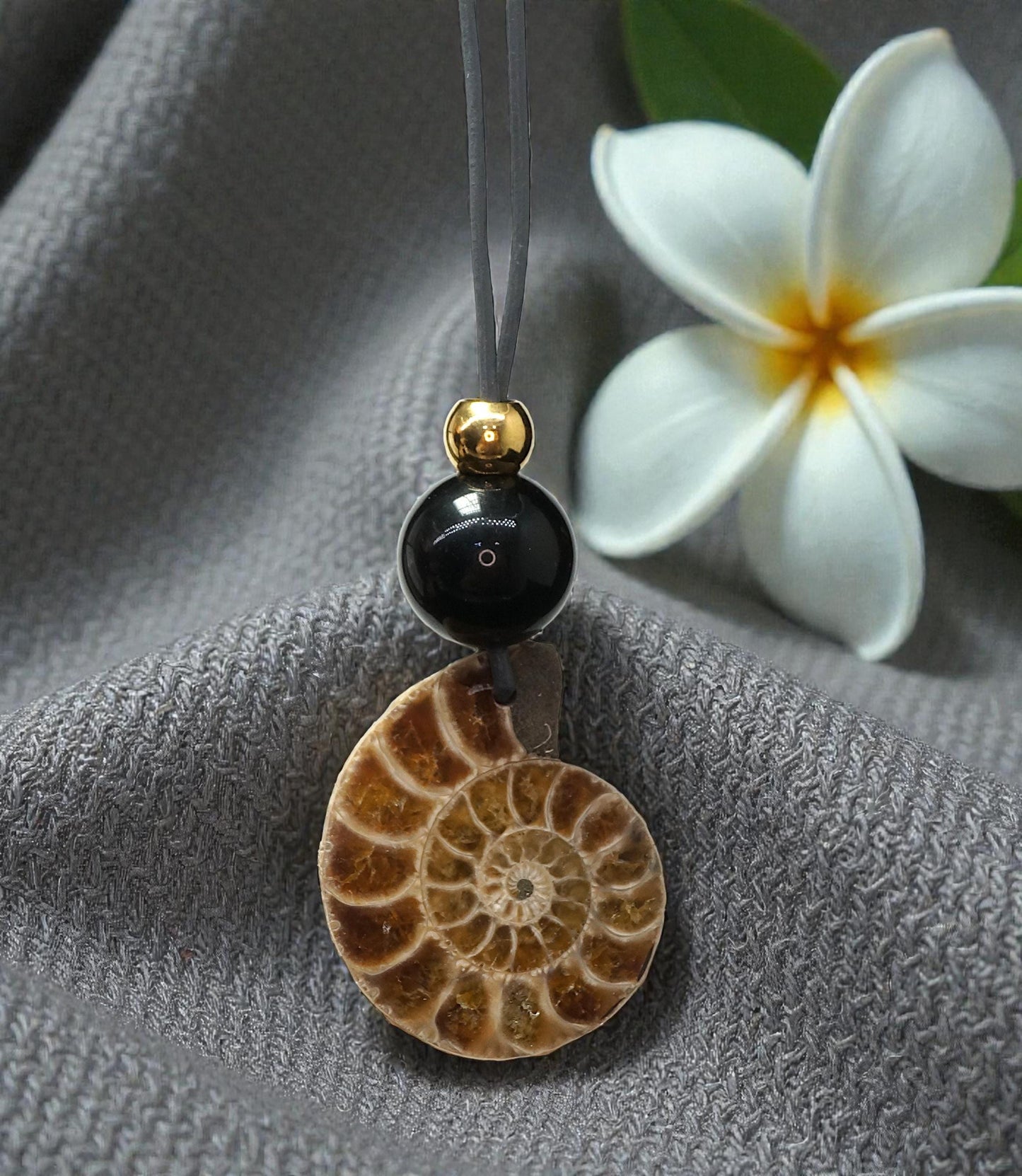 Geometric Ancient Ammonite Fossil Necklace, Chunky Natural Shell Pendant with Black Obsidian, Adjustable Leather Cord up to 30 inches #2558
