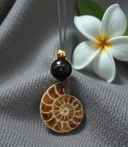 Geometric Ancient Ammonite Fossil Necklace, Chunky Natural Shell Pendant with Black Obsidian, Adjustable Leather Cord up to 30 inches #2558