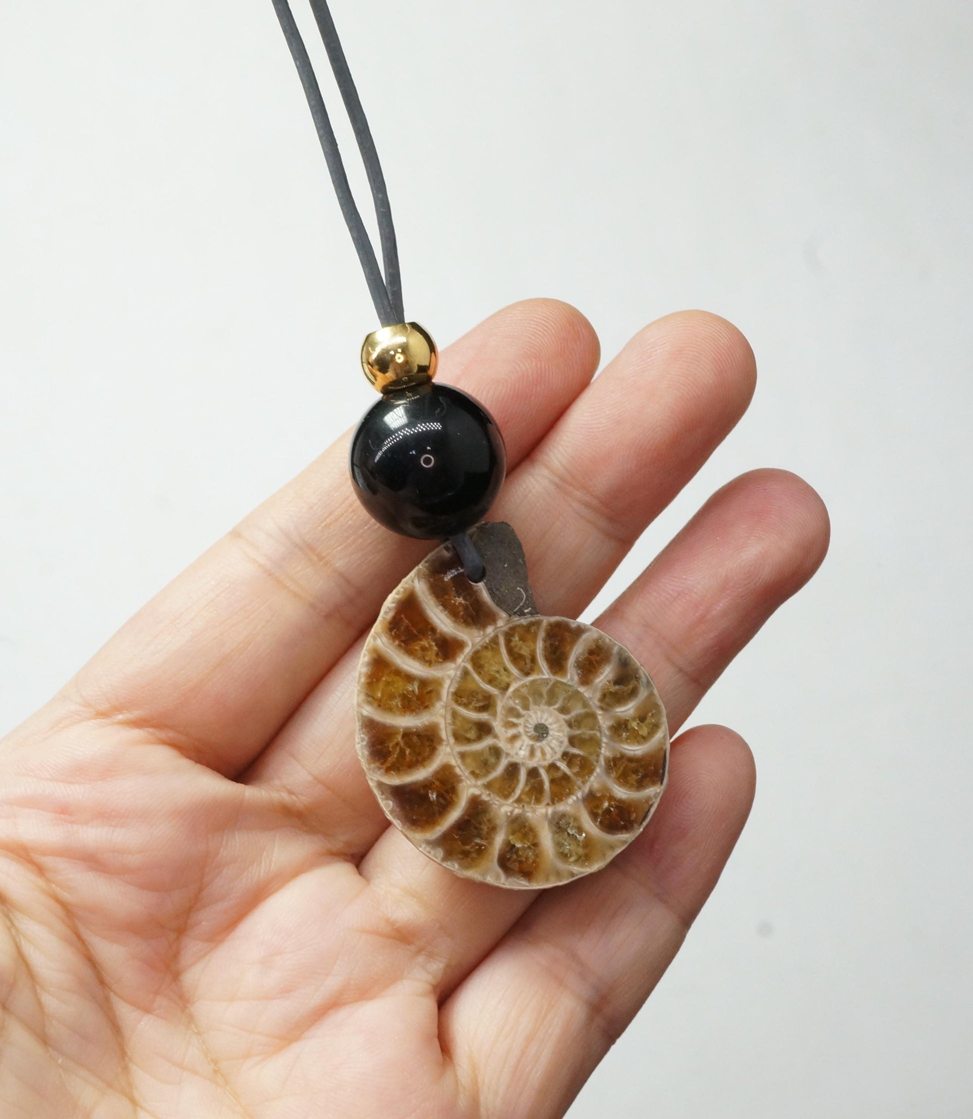Geometric Ancient Ammonite Fossil Necklace, Chunky Natural Shell Pendant with Black Obsidian, Adjustable Leather Cord up to 30 inches #2558