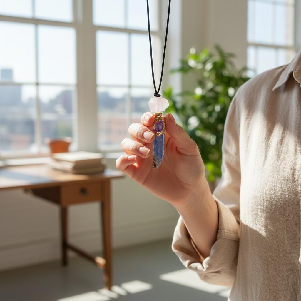 Geometric Raw Kyanite Pendant with Amethyst, Chunky Irregular Rose Quartz Crystal Necklace, Adjustable Leather Cord up to 30 inches #2557