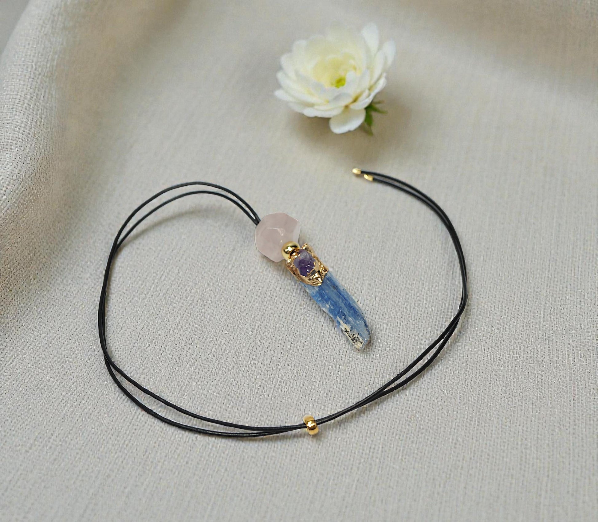 Geometric Raw Kyanite Pendant with Amethyst, Chunky Irregular Rose Quartz Crystal Necklace, Adjustable Leather Cord up to 30 inches #2557