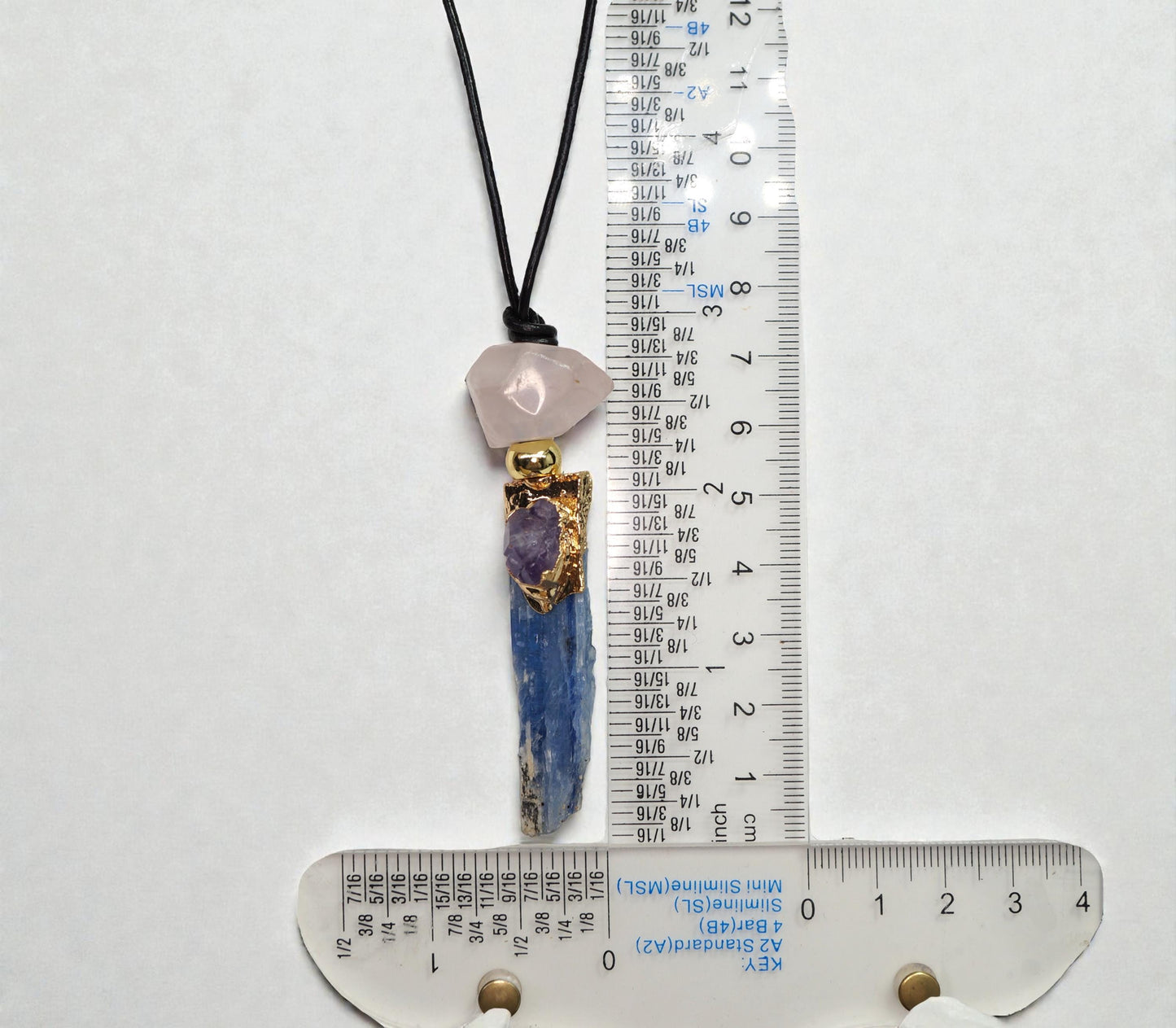 Geometric Raw Kyanite Pendant with Amethyst, Chunky Irregular Rose Quartz Crystal Necklace, Adjustable Leather Cord up to 30 inches #2557