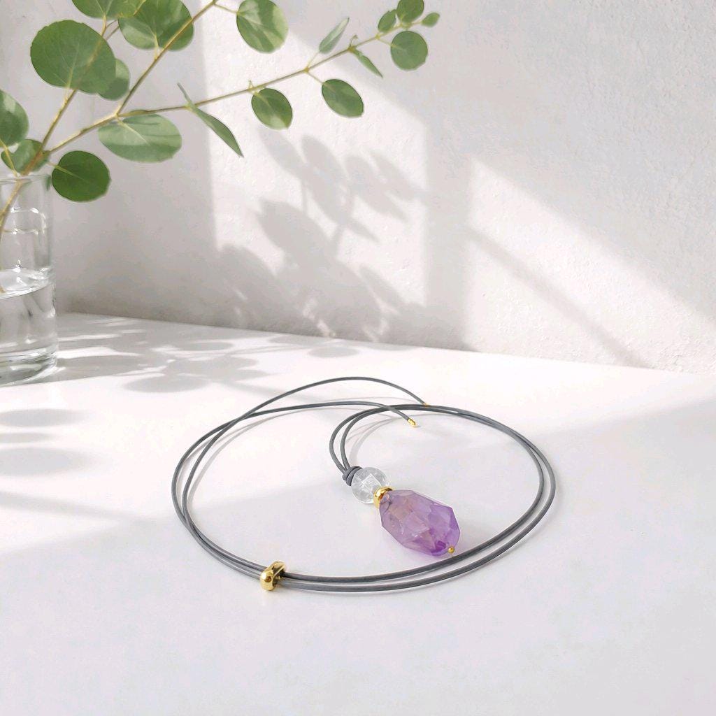 Geometric Amethyst Pendant Necklace, Natural Purple Crystal Clear Quartz Chunky Jewelry for Women, Adjustable Leather Cord #2556